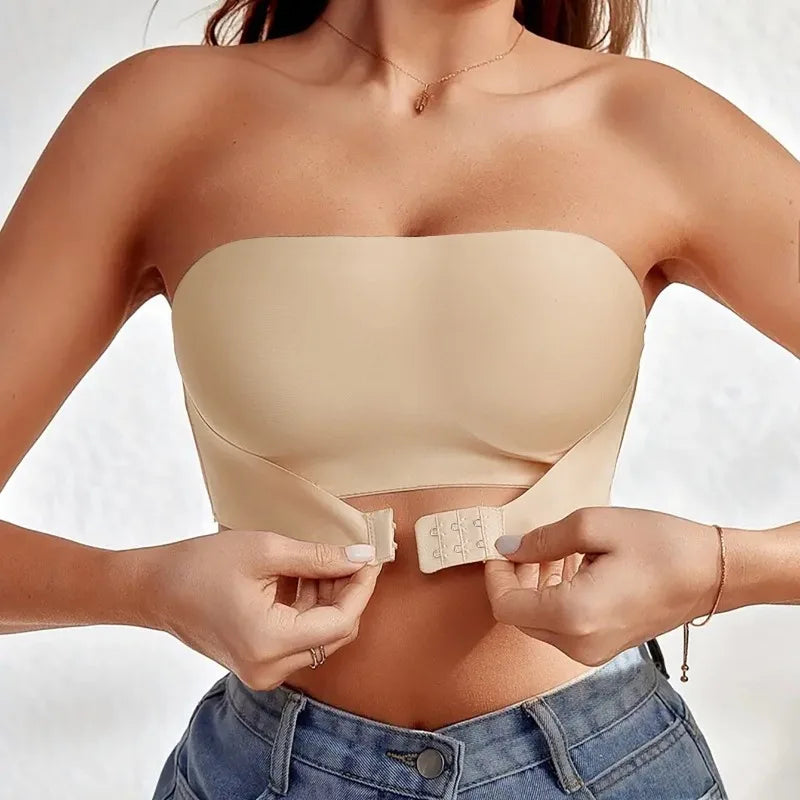 Women's Strapless Bra Sexy Seamless No Padding Front Button Bra Comfortable Smooth Women's Half Cup Silicone Non-slip Underwear