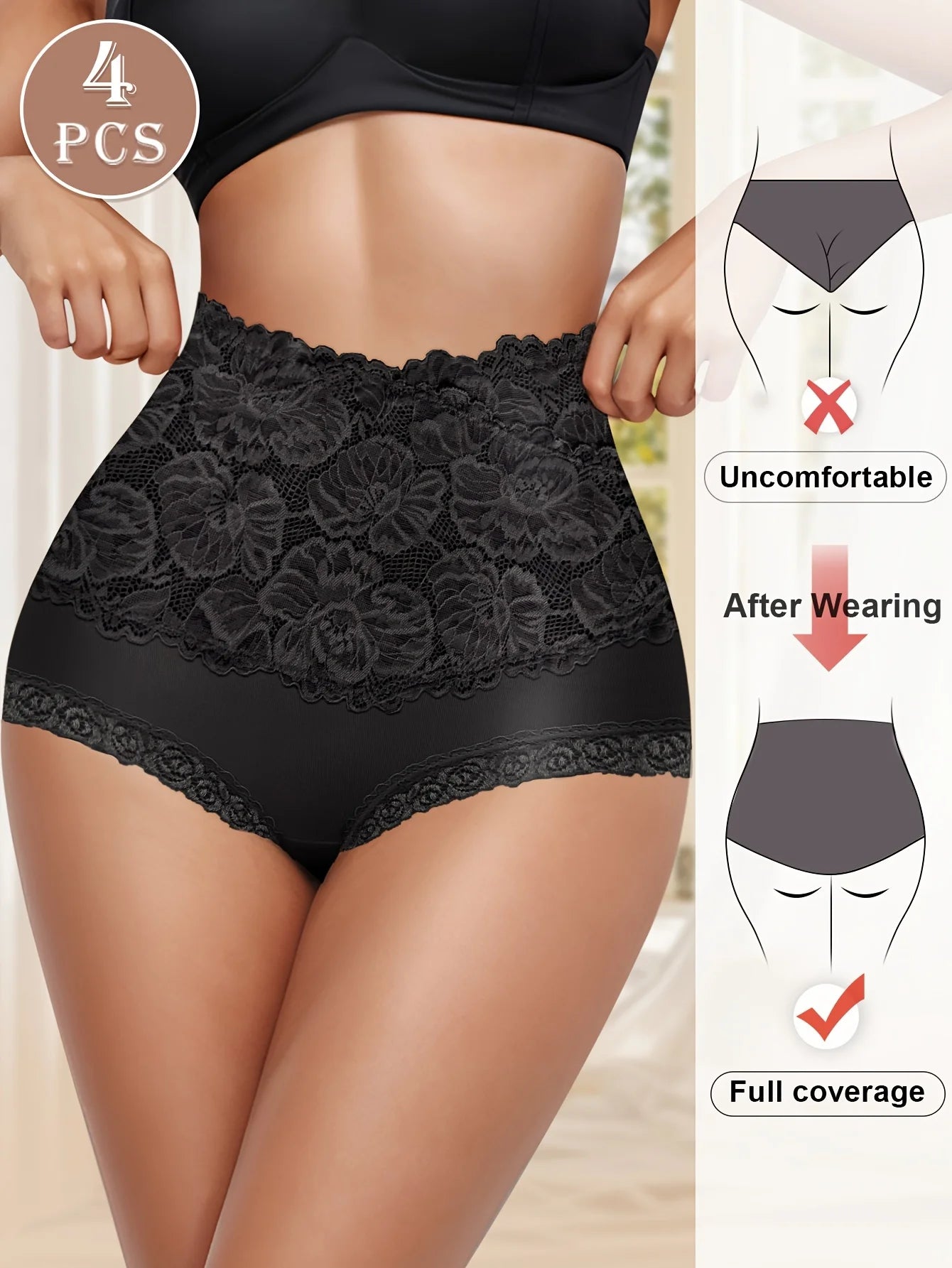 4pcs High Waisted Panties Ladies Jacquard Pattern Sexy Lace Hip Lifting & Shaping Skin Friendly & Soft Comfortable Cotton