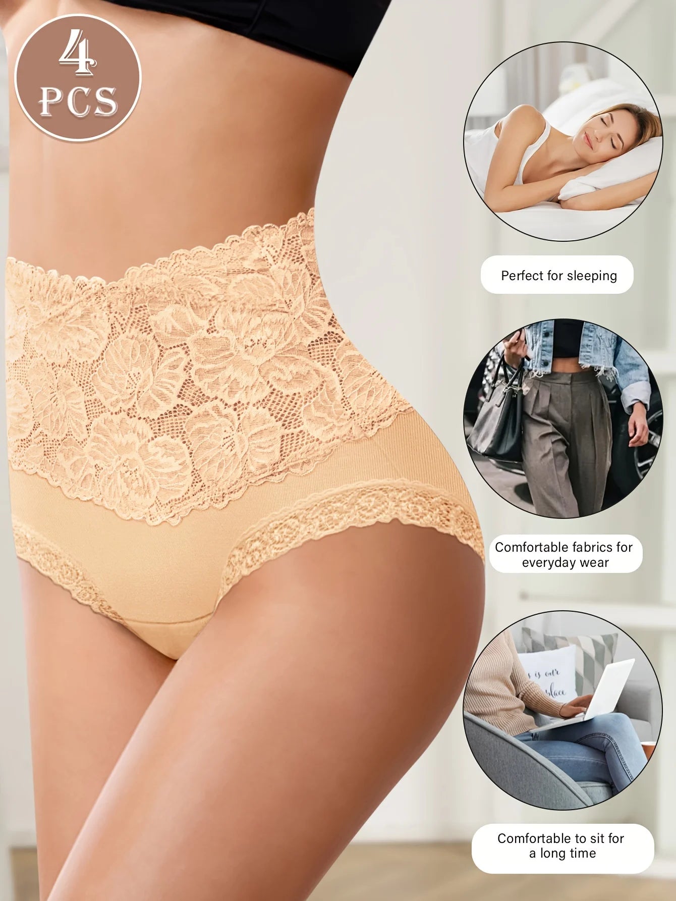 4pcs High Waisted Panties Ladies Jacquard Pattern Sexy Lace Hip Lifting & Shaping Skin Friendly & Soft Comfortable Cotton