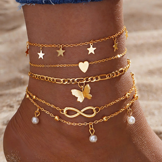Gold Vintage Butterfly Anklet Bracelets - Multilayer Set