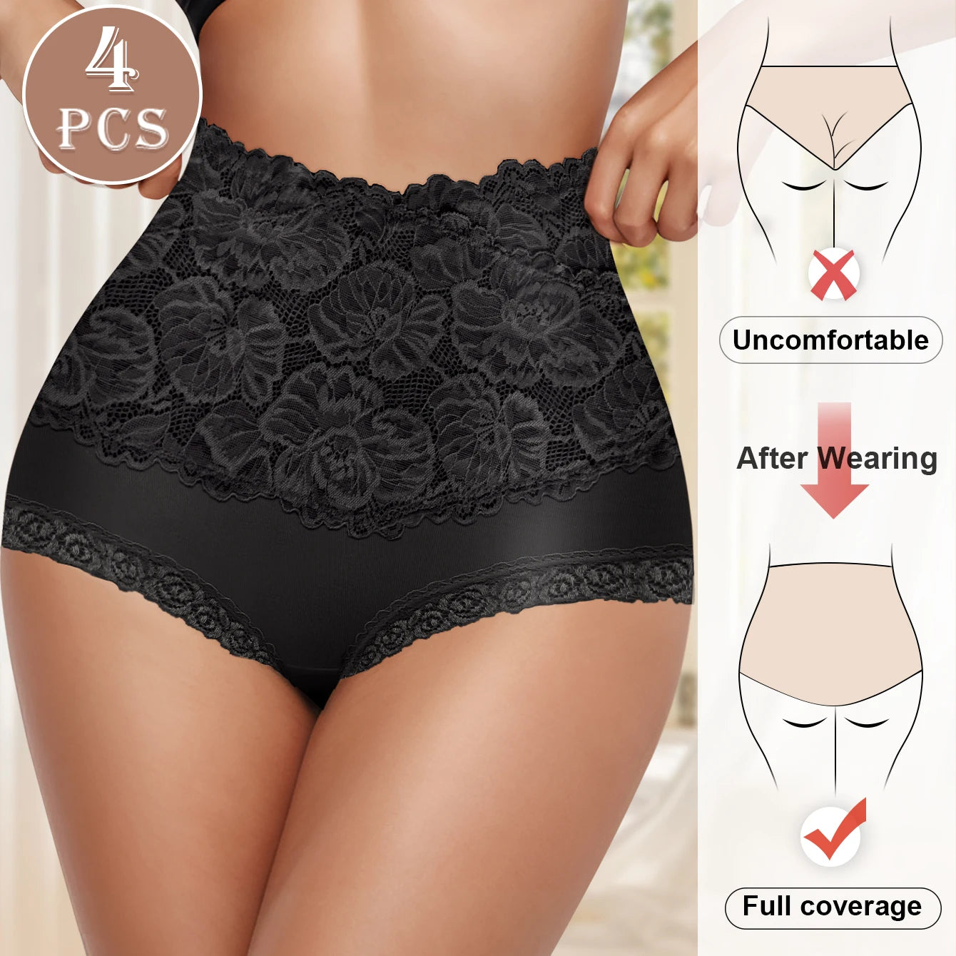 4pcs High Waisted Panties Ladies Jacquard Pattern Sexy Lace Hip Lifting & Shaping Skin Friendly & Soft Comfortable Cotton