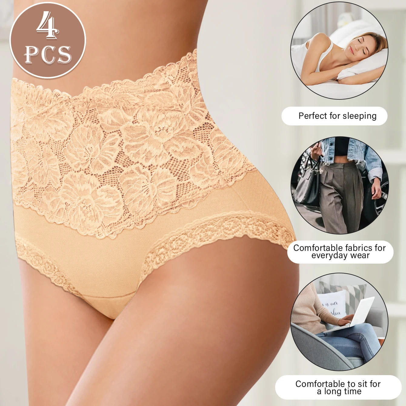 4pcs High Waisted Panties Ladies Jacquard Pattern Sexy Lace Hip Lifting & Shaping Skin Friendly & Soft Comfortable Cotton