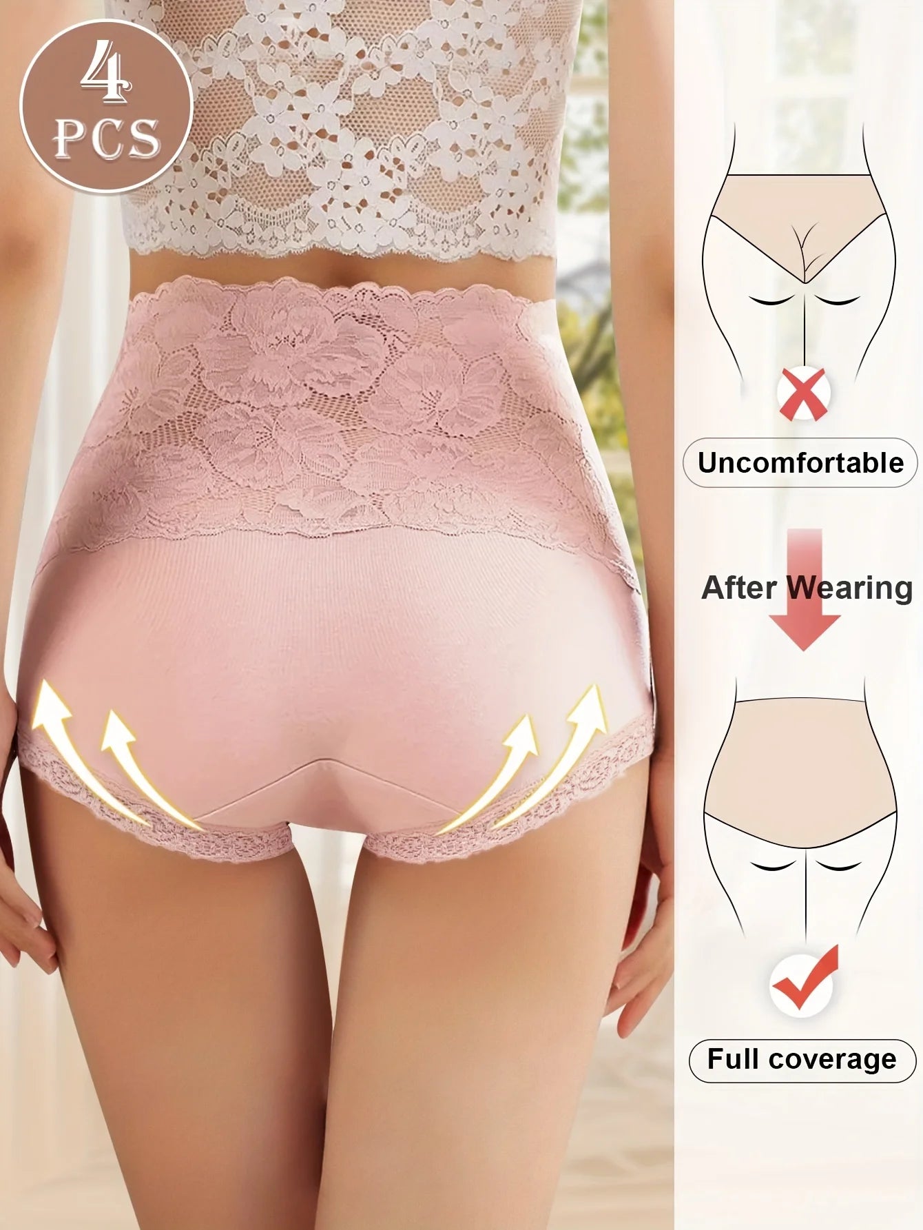 4pcs High Waisted Panties Ladies Jacquard Pattern Sexy Lace Hip Lifting & Shaping Skin Friendly & Soft Comfortable Cotton