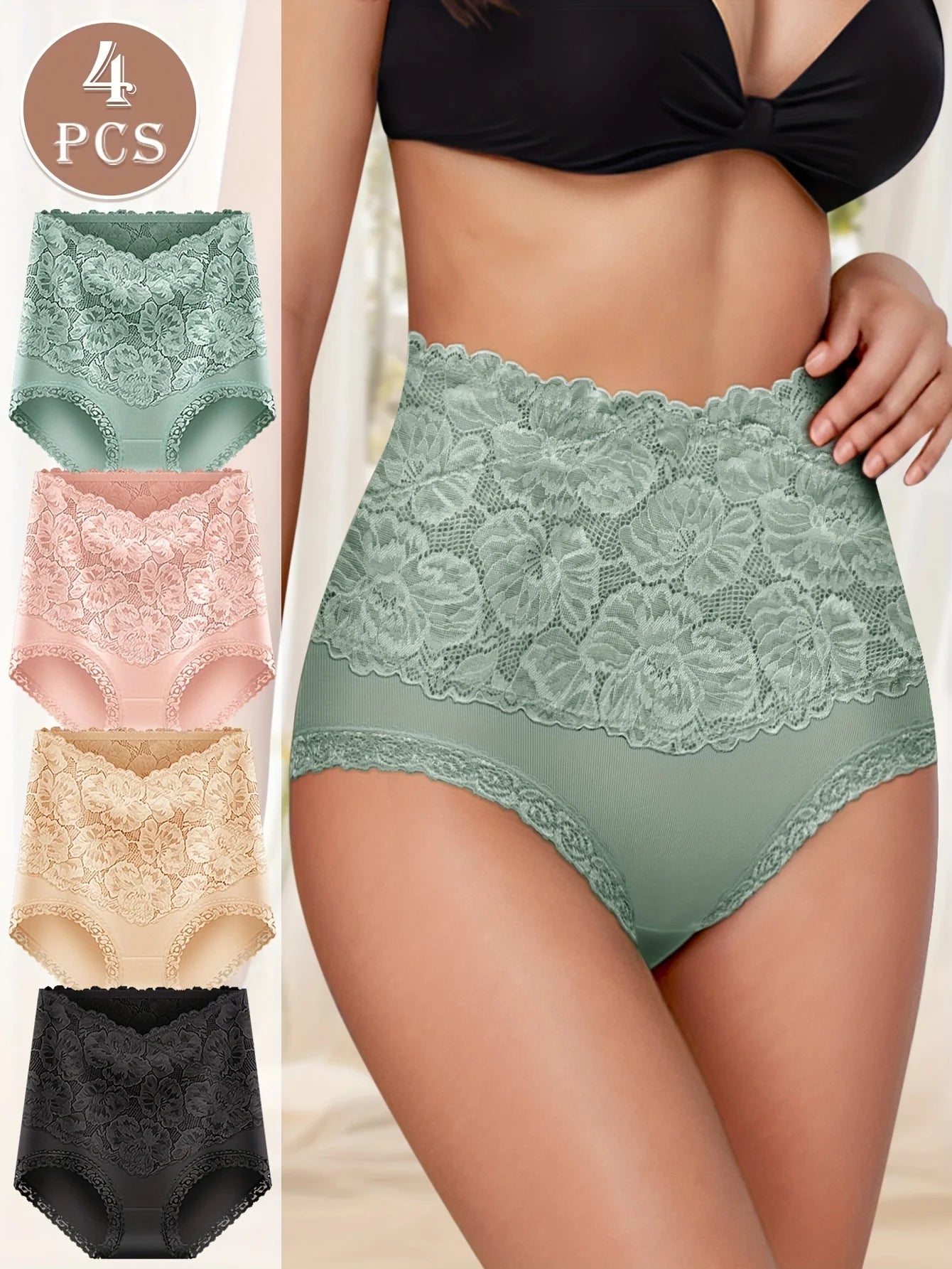 4pcs High Waisted Panties Ladies Jacquard Pattern Sexy Lace Hip Lifting & Shaping Skin Friendly & Soft Comfortable Cotton